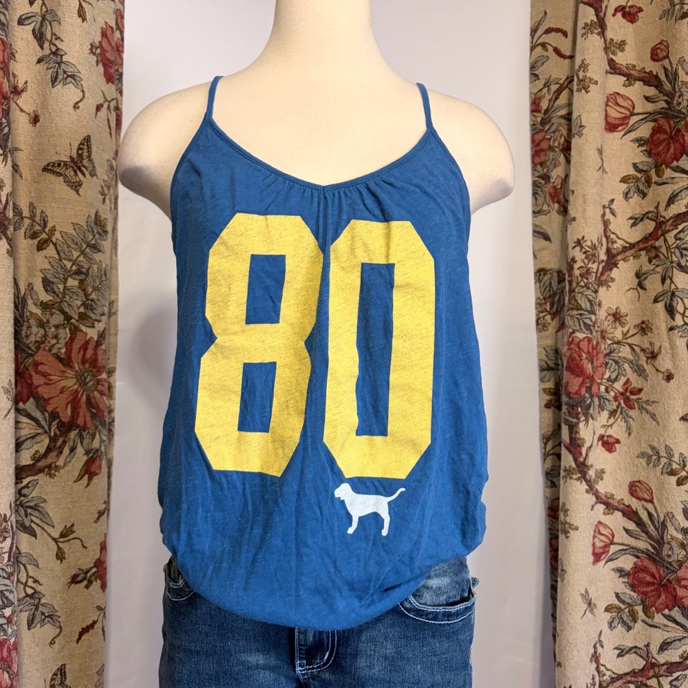 Pink Victoria's Secret Y2k cute Blue Varsity Graphic Cami Tank Top 80 Dog Logo